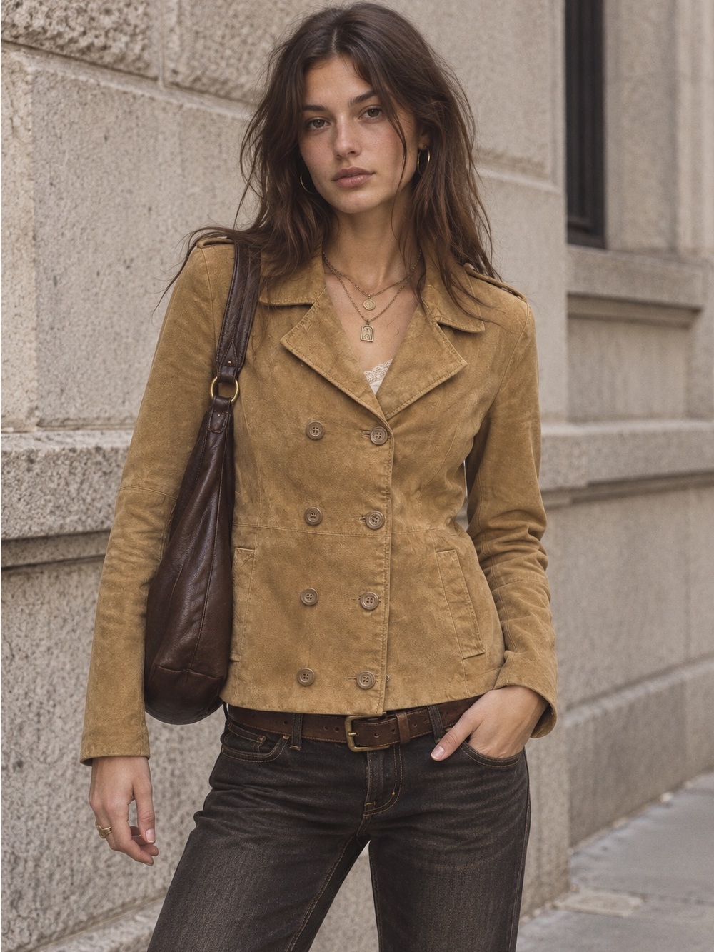 Vintage Y2K Rue21 Genuine Suede Tan Double Breasted Jacket Medium Boho
